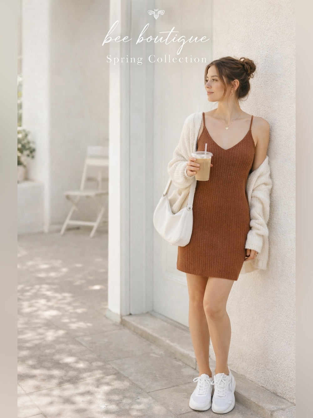 7 For All Mankind Ribbed Knit Bodycon Dress | Cinnamon Brown Minimalist Slip |S|